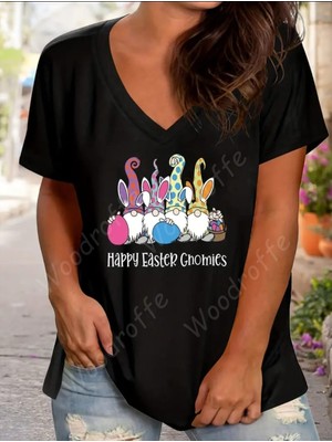 Woodroffe Kadın V Yaka Salaş Happy Easter Baskılı Oversize Boyfriend T-Shirt