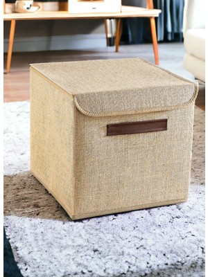 Prendi Home Jüt Deri Saplı Kapaklı Kutu Bej Renk 30x30x30 cm Katlanabilir Özellikli