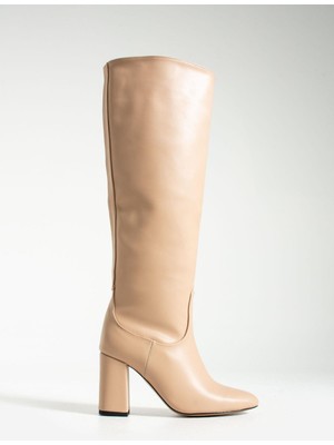 Seniorah Clove Bej Cilt Kadın Topuklu Çizme