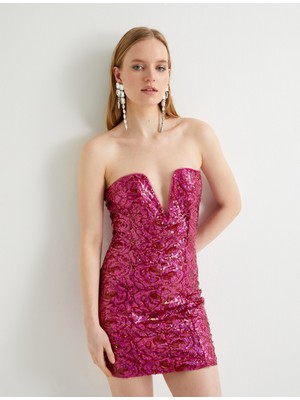 Koton Pullu Payetli Straplez Gece Elbisesi Mini Boy V Yaka Slim Fit