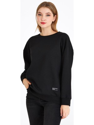 Comeor Kadın Siyah Basic Bisiklet Yaka Regular Fit Rahat Sweatshirt