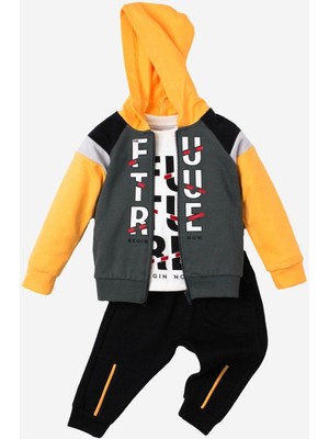 Kidex's Future Baskılı Kapüşonlu Pamuk Bebek Takım 3’lü Takım Hırka Sweatshirt Alt