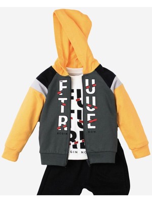 Kidex's Future Baskılı Kapüşonlu Pamuk Bebek Takım 3’lü Takım Hırka Sweatshirt Alt