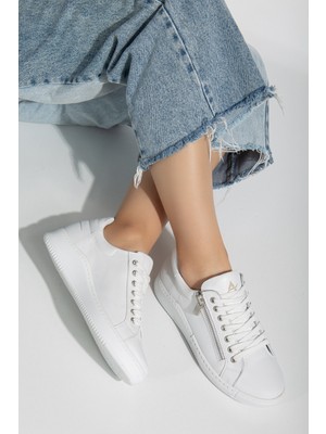Analin Shoes Kadın  Deri Fermuarlı Spor Ayakkabı 2665 Spor  Beyaz 36