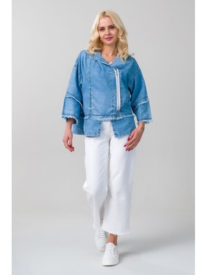 Bold & Young Kadın Indigo Renk Bleach Yıkama Cepli Kapişonlu Fermuarlı Ince Lyocell Kumaş Kot Ceket S