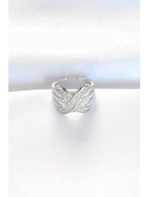 Clariss Kalın Zirkon Taşlı Silver Renk Ayarlanabilir x Tasarım Yüzük