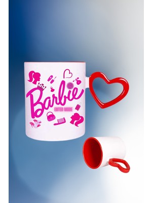 Caisya Barbie Enter Mode Baskılı Kalpli Kırmızı Kupa Bardak Çay Kahve Fincanı