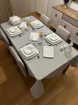 Zeren Home Meral Kurşun Collection Polyester Keten Simli Masa Örtüsü Gri + 6 Peçete