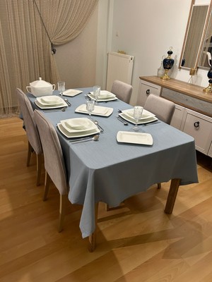 Zeren Home Meral Kurşun Collection Polyester Keten Dertsiz Masa Örtüsü Maldiv + 12 Peçete