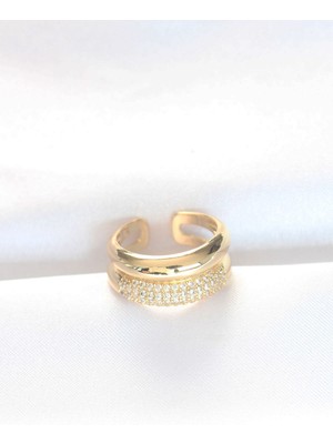 Clariss 2li Görünümlü Zirkon Taşlı Gold Renk Ayarlanabilir Bombe Yüzük