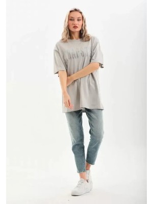 Mary Store  Taş Desenli Oversize T-Shirt - Gri