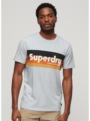 Superdry Bisiklet Yaka Baskılı Açık Mavi Erkek T-Shirt M1011904A2AD_CALI Strıped Logo T Sh