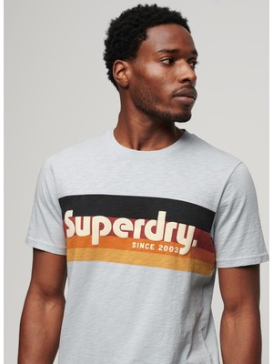 Superdry Bisiklet Yaka Baskılı Açık Mavi Erkek T-Shirt M1011904A2AD_CALI Strıped Logo T Sh