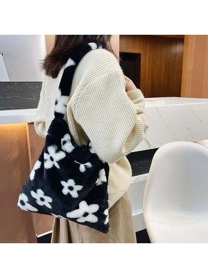 Kensen Shop Siyah Stil Peluş Tote Çanta Wome Moda Inek Baskı Omuz Çantası Leopar Baskı Yumuşak Peluş Çanta Kadın Kış Messenger Çanta (Yurt Dışından)