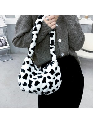 Kensen Shop Siyah Stil Peluş Tote Çanta Wome Moda Inek Baskı Omuz Çantası Leopar Baskı Yumuşak Peluş Çanta Kadın Kış Messenger Çanta (Yurt Dışından)