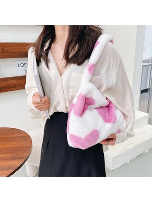 Kensen Shop Pink Style One Style Fluffy Plush Bags For Women Female Handbags Large Capacity Tote Ladies Shoulder Messenger Bag Simple Animal Printed Cheap Bags (Yurt Dışından)