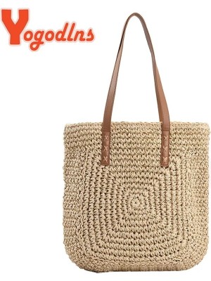 Kensen Shop Bej Stili3 Stili Yogodlns Yaz Büyük Kapasiteli Hasır Omuz Çantası Rattan Plaj Çantaları Dokuma Saplı Çanta Rahat Bayan Tote Alışveriş Çanta Debriyaj (Yurt Dışından)