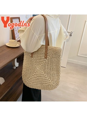 Kensen Shop Bej Stili3 Stili Yogodlns Yaz Büyük Kapasiteli Hasır Omuz Çantası Rattan Plaj Çantaları Dokuma Saplı Çanta Rahat Bayan Tote Alışveriş Çanta Debriyaj (Yurt Dışından)