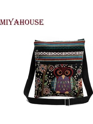 Kensen Shop 550B Stili Miyahouse Rahat Küçük Çift Fermuarlı Messenger Çanta Kadın Karikatür Baykuş Baskılı Flap Çanta Omuz Çantası Bayanlar (Yurt Dışından)