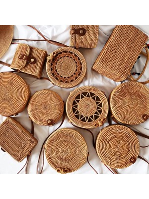 Kensen Shop Stil 3-18X7CM Stili Hasır Plaj Çantası El Yapımı Örgü Örgü Desenli Yuvarlak Rattan Çanta Kadın Yaz Bali Bohemia Omuz Çantası Çanta (Yurt Dışından)