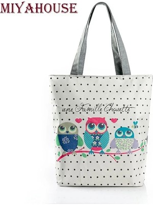 Kensen Shop 571A Stili Çiçek ve Baykuş Baskılı Kadın Günlük Tote Bayan Günlük Kullanım Bayan Alışveriş Çantası Bayan Tek Omuz Çanta Basit Plaj Çantası (Yurt Dışından)