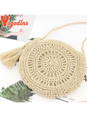 Kensen Shop Bej Stili3 Stili Yogodlns Yuvarlak Yumuşak Kağıt Halat Omuz Çantası Püskül Yaz Plaj El Yapımı Crossbody Çanta Kadın Hollow Hasır Çanta Daire Rattan Çanta (Yurt Dışından)