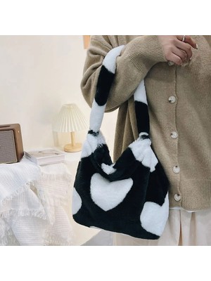 Kensen Shop Siyah Kalp Stili Xslıng Peluş Leopar Baskı Koltukaltı Çanta Kadın Aşk Kalp Omuz Çantası Moda Bayanlar Sonbahar Kış Büyük Kapasiteli Tote Çanta (Yurt Dışından)