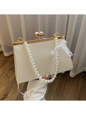 Kensen Shop Beyaz Stil Yeni Vintage Kadın Inci Dekor Deri Çanta Zarif Bayanlar Moda Katı Seyahat Omuz Çantası Messenger Crossbody Çanta (Yurt Dışından)