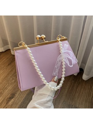 Kensen Shop Beyaz Stil Yeni Vintage Kadın Inci Dekor Deri Çanta Zarif Bayanlar Moda Katı Seyahat Omuz Çantası Messenger Crossbody Çanta (Yurt Dışından)