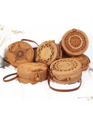 Kensen Shop LOUKONG18X8 Stili 20X8CM Daire El Dokuması Kadın Postacı Çantaları Yuvarlak Retro Rattan Hasır Plaj Crossbody Çanta Li Bolsa Masculina (Yurt Dışından)