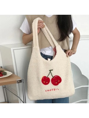 Kensen Shop Kiraz S Tarzı Peluş Tote Çanta Alışveriş Çanta Wome Sonbahar Kış Kızlar Için Rahat Sevimli Kiraz Nakış Lmitasyon Yün Eko Omuz Çantaları (Yurt Dışından)