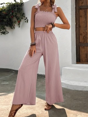 Style Of Angels Kadın Üstü Gipeli Crop Beli Lastikli Bol Pantolon Bürümcük Ikili Takım