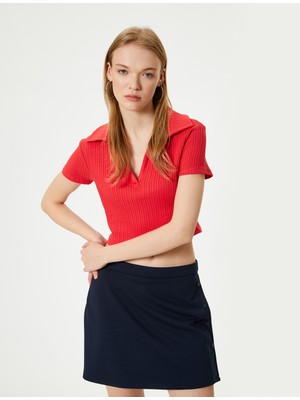 Koton Polo Yaka Crop Tişört Kısa Kollu Ribanalı Pamuklu