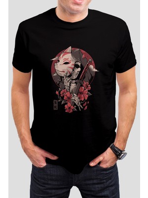 T-35 Samurai Kuru Kafa Baskılı Siyah Unisex Tişört C379