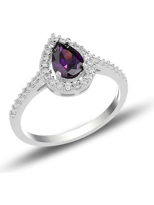 Söğütlü Silver Gümüş Rodyumlu Ametis Taşlı Damla Modeli Yüzük 925 Ayar Gümüş