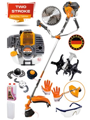 Böhrer Alman 15 Hp/h Yan Tipi Benzinli Ot Çalı Tırpanı Çim Biçme Makinesi Yağ +Canavar Başlık +Çapa Aparatı
