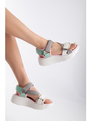 Sandal Spor Kadın Dolgu Topuk Cırtlı Günlük Spor Sandalet SS001-0178 Beyaz Gri