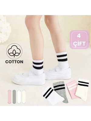 Kral Socks Kız Düz Çizgili (4 Çift) Çorap Tenis Model Pamuklu Terletmez Öğrenci Okul Çorabı