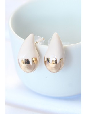 Callerrons Accessories  Minimal Beyaz Mineli Çift Renk Damla Küpe - EBJ240521W24159