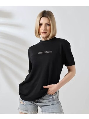 Mary Store  Bisiklet Yaka Baskılı Slim Fit T-Shirt - Siyah