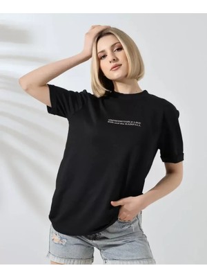 Mary Store  Bisiklet Yaka Baskılı Slim Fit T-Shirt - Siyah