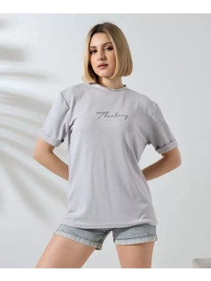 Mary Store  Bisiklet Yaka Baskılı Slim Fit T-Shirt - Boyalı Gri