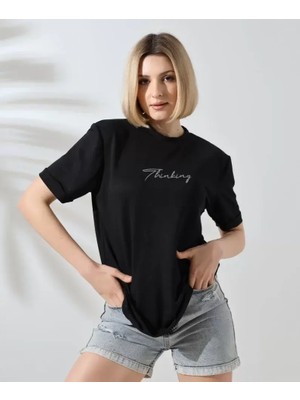 Mary Store  Bisiklet Yaka Baskılı Slim Fit T-Shirt - Siyah