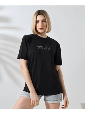 Mary Store  Bisiklet Yaka Baskılı Slim Fit T-Shirt - Siyah