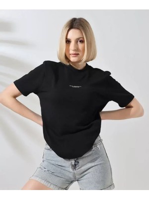 Mary Store  Bisiklet Yaka Baskılı Slim Fit T-Shirt - Siyah