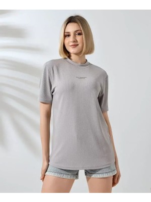 Mary Store  Bisiklet Yaka Baskılı Slim Fit T-Shirt - Boyalı Gri