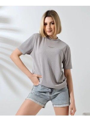 Mary Store  Bisiklet Yaka Baskılı Slim Fit T-Shirt - Boyalı Gri