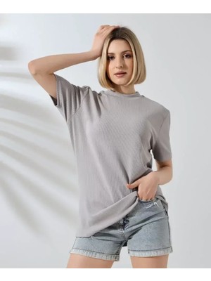 Mary Store  Bisiklet Yaka Slim Fit T-Shirt - Boyalı Gri