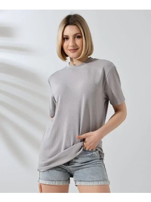 Mary Store  Bisiklet Yaka Slim Fit T-Shirt - Boyalı Gri