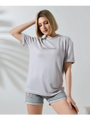 Mary Store  Bisiklet Yaka Baskılı Slim Fit T-Shirt - Boyalı Gri